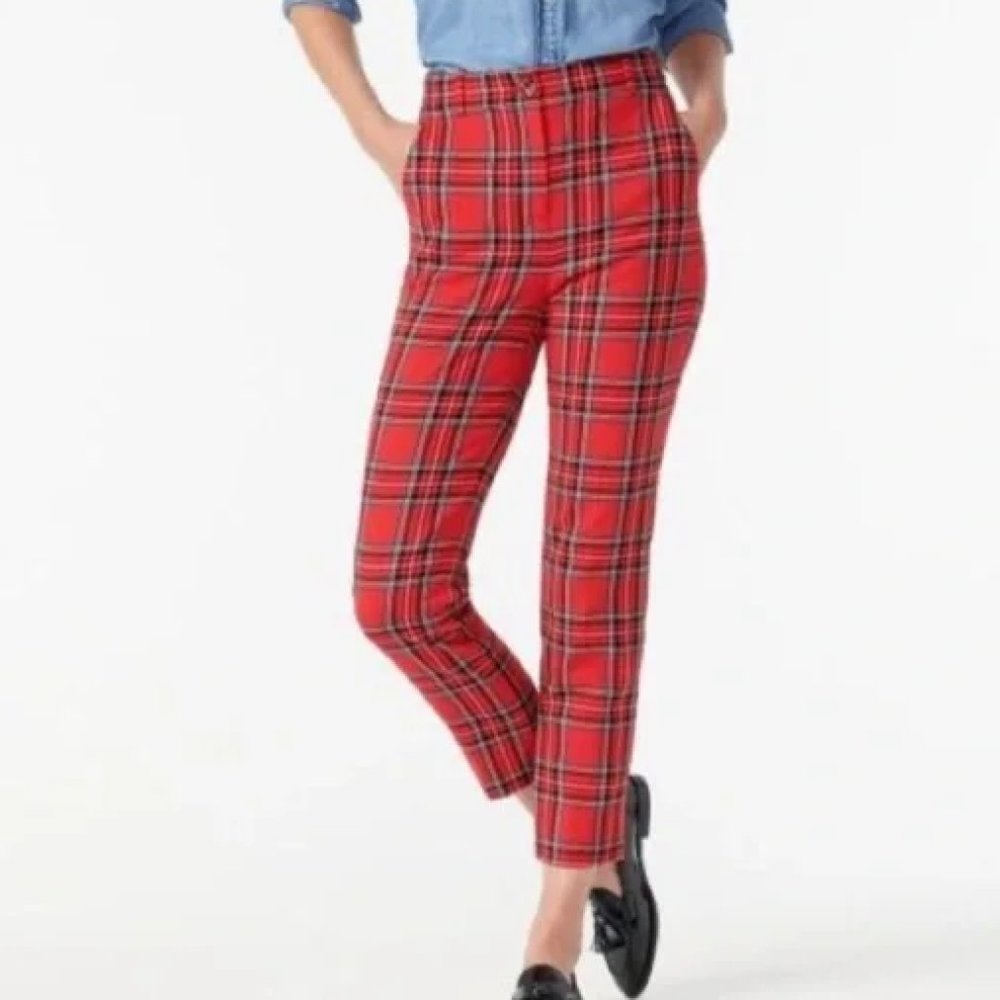 NWT J. Crew High-Rise Cameron Pant Red Stewart Tartan Check Plaid Sz 8 Christmas